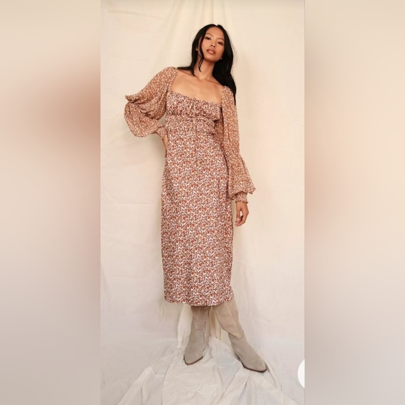 Free People Dresses & Skirts - Free People Aglow Midi Dress Long Puff Sleeve Smock Open Back Large NWOT